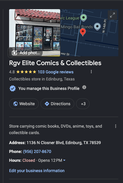 Google Business Profile — RGV Elite Comics & Collectibles, 4.8 stars