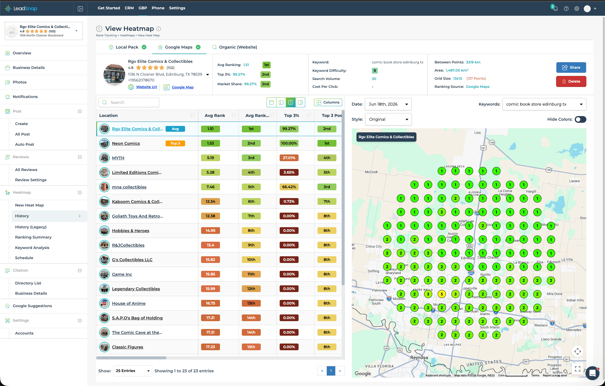 Google Maps ranking heatmap — ranked #1 across Edinburg, TX